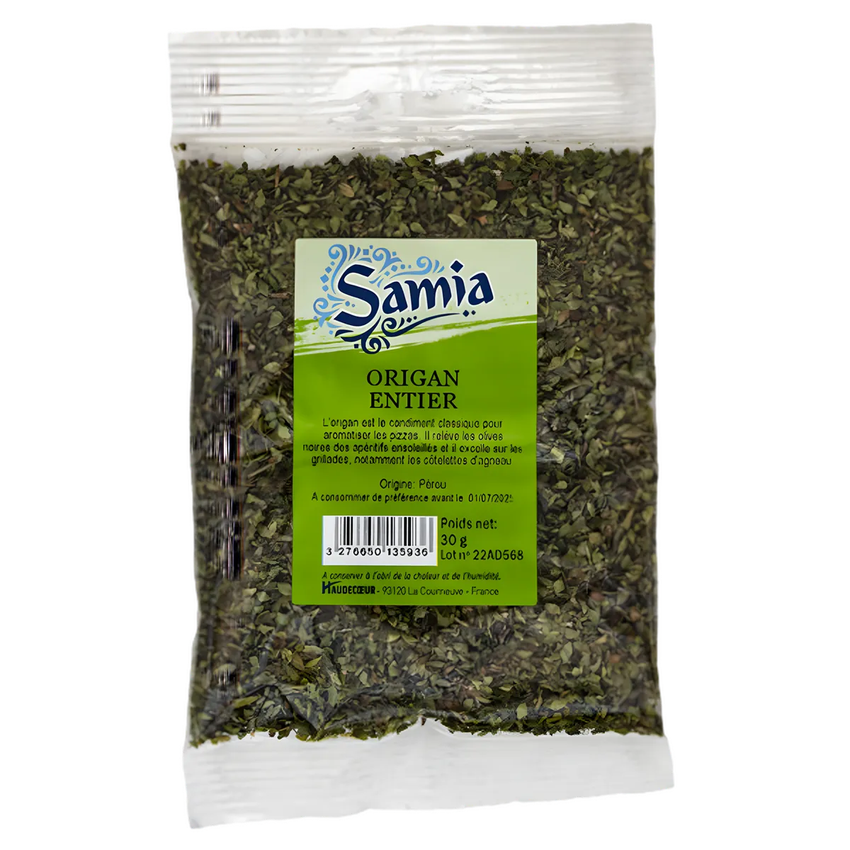 Origan entier Samia - origan séché Samia en sachet de 30g, feuilles entières pour assaisonnement intense en épicerie salée.